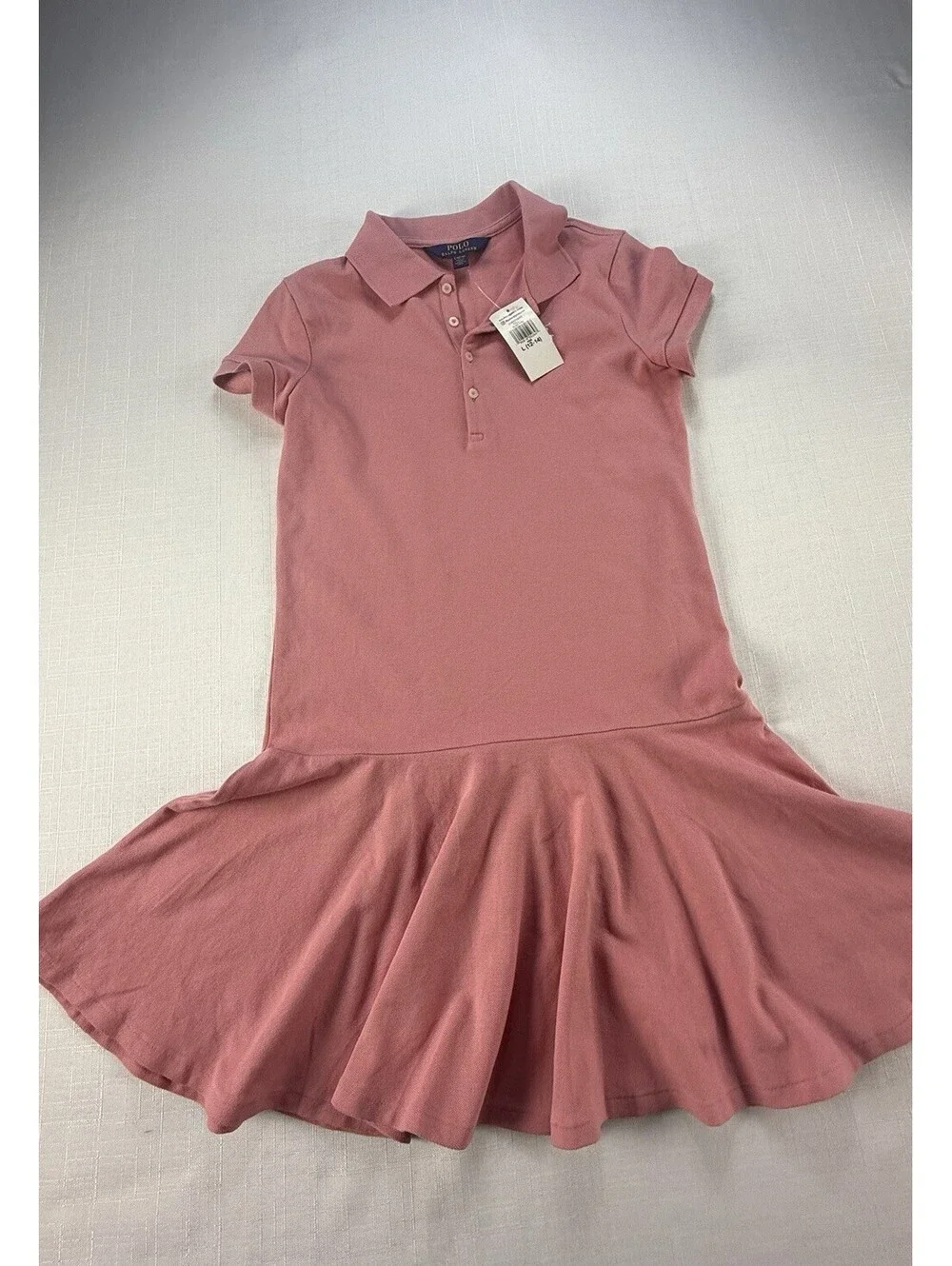 NWT Polo Ralph Lauren Girls Polo Dress Pink Drop Waist Ruffle Hem L 12-14 Cotton